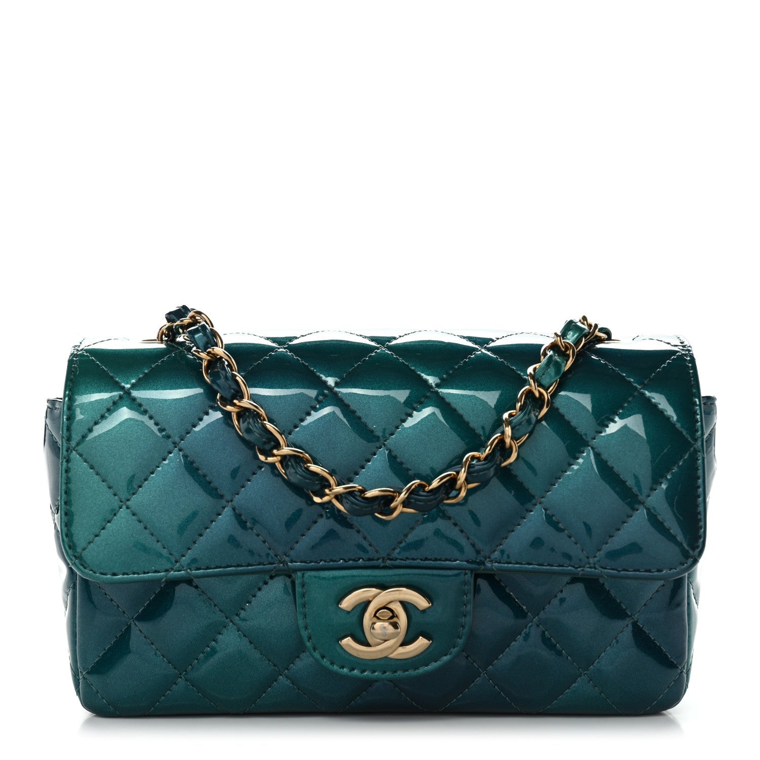 Chanel Shaded Patent Calfskin Quilted Mini Rectangular Flap Green Blue