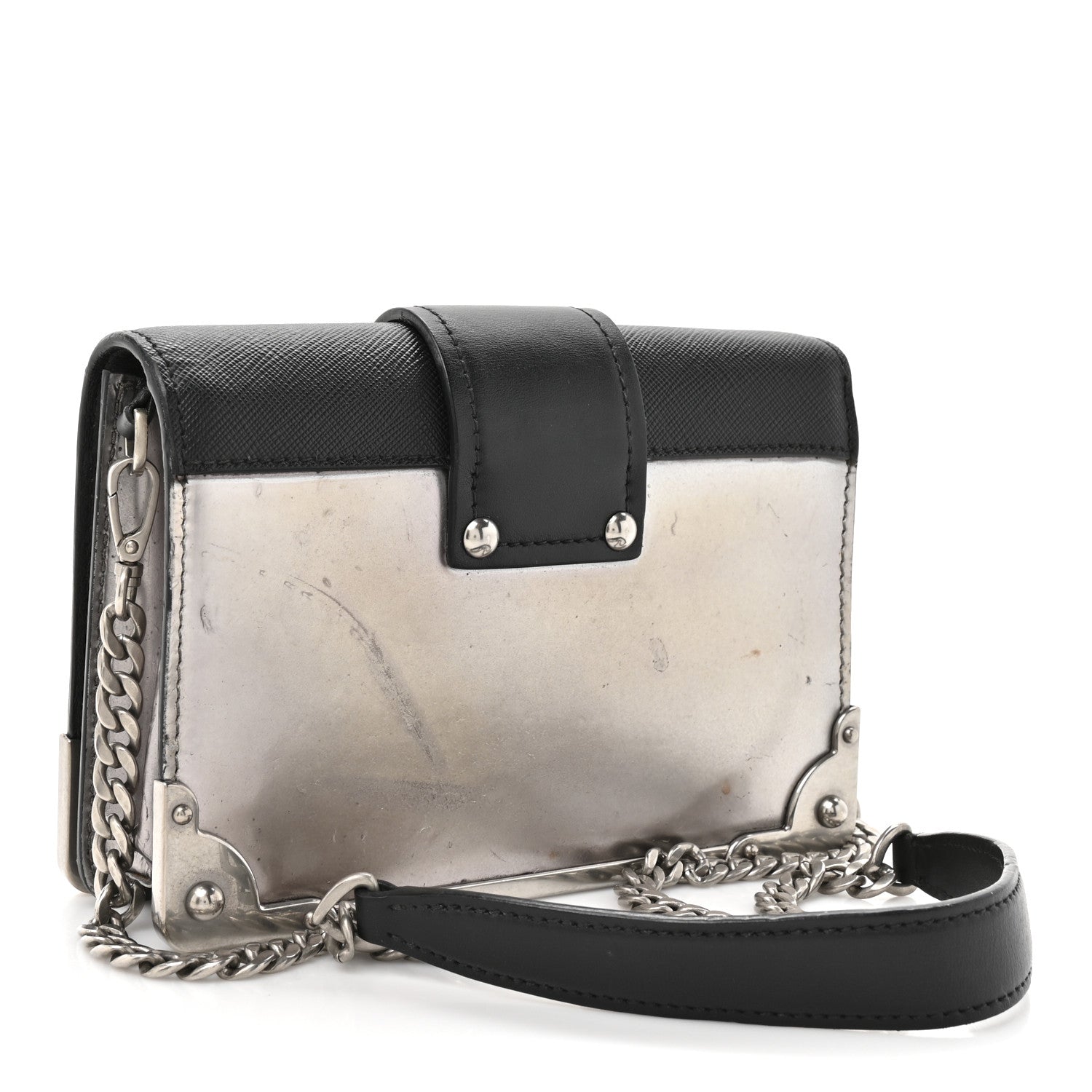 Prada Metallic Vitello Saffiano Cahier Bag Silver Black