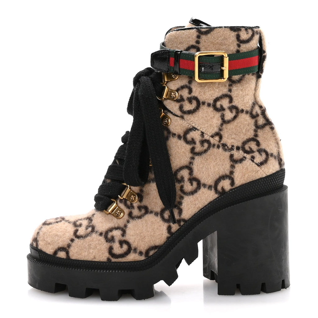 Gucci Covered Wool GG Monogram Womens Lace Up Combat Ankle Boots 35 Beige Ebony Black