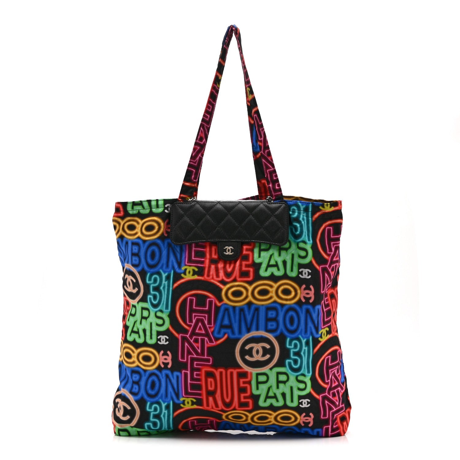 Chanel Caviar Fabric Graffiti Foldable Tote Bag With Chain Black Multicolor
