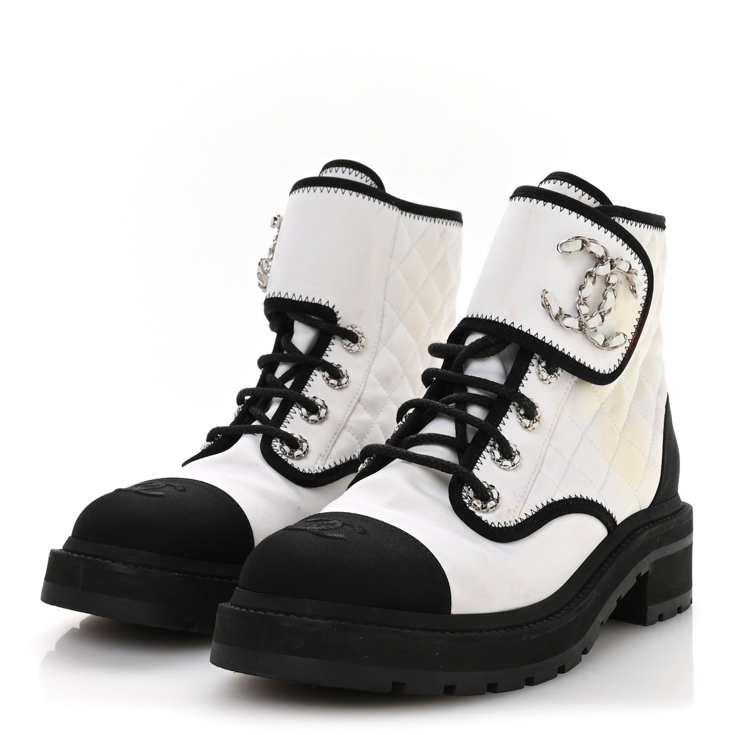 Fabric Grosgrain Quilted Cap Toe Lace Up Combat Boots 38.5 White Black