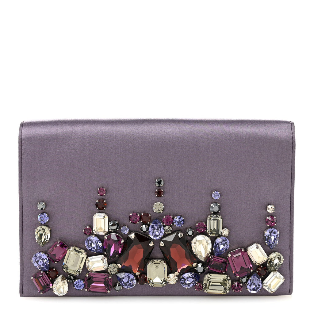Prada Satin Raso Crystal Embellished Clutch Mirtillo