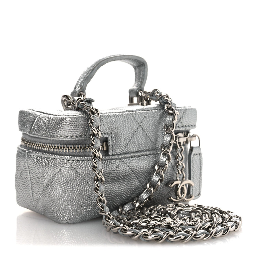 Chanel Metallic Caviar Quilted Mini Top Handle Vanity With Chain Silver