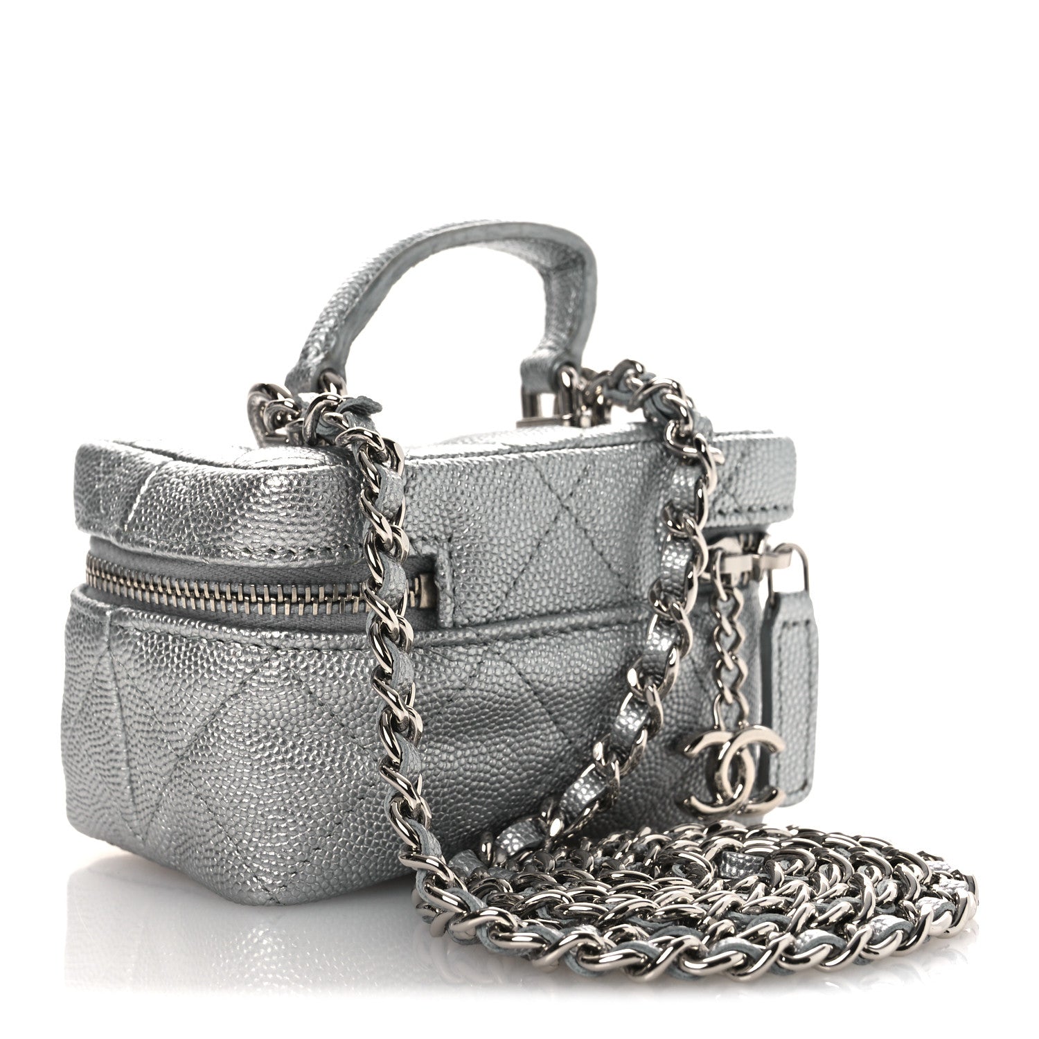 Chanel Metallic Caviar Quilted Mini Top Handle Vanity With Chain Silver