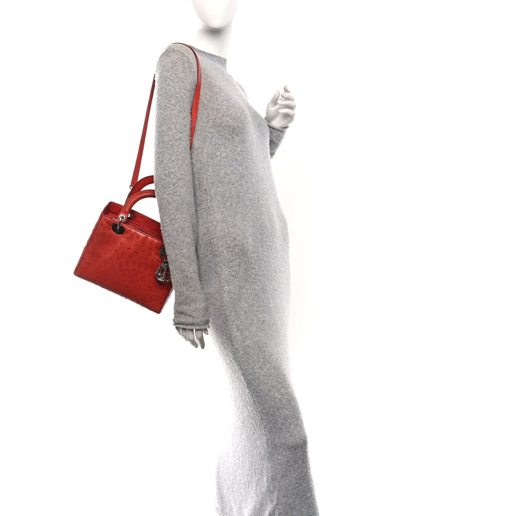 Christian Dior Ostrich Medium Lady Dior Red