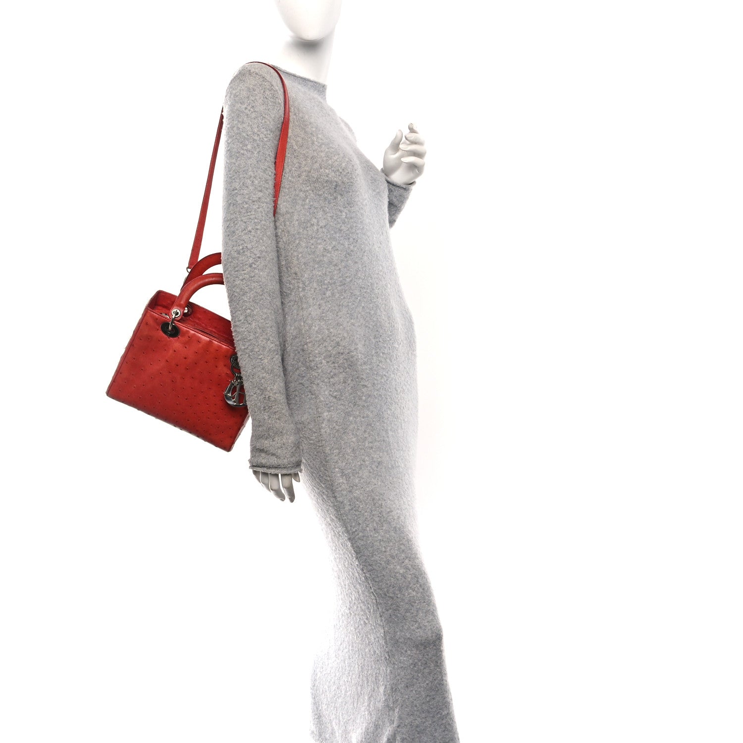 Christian Dior Ostrich Medium Lady Dior Red