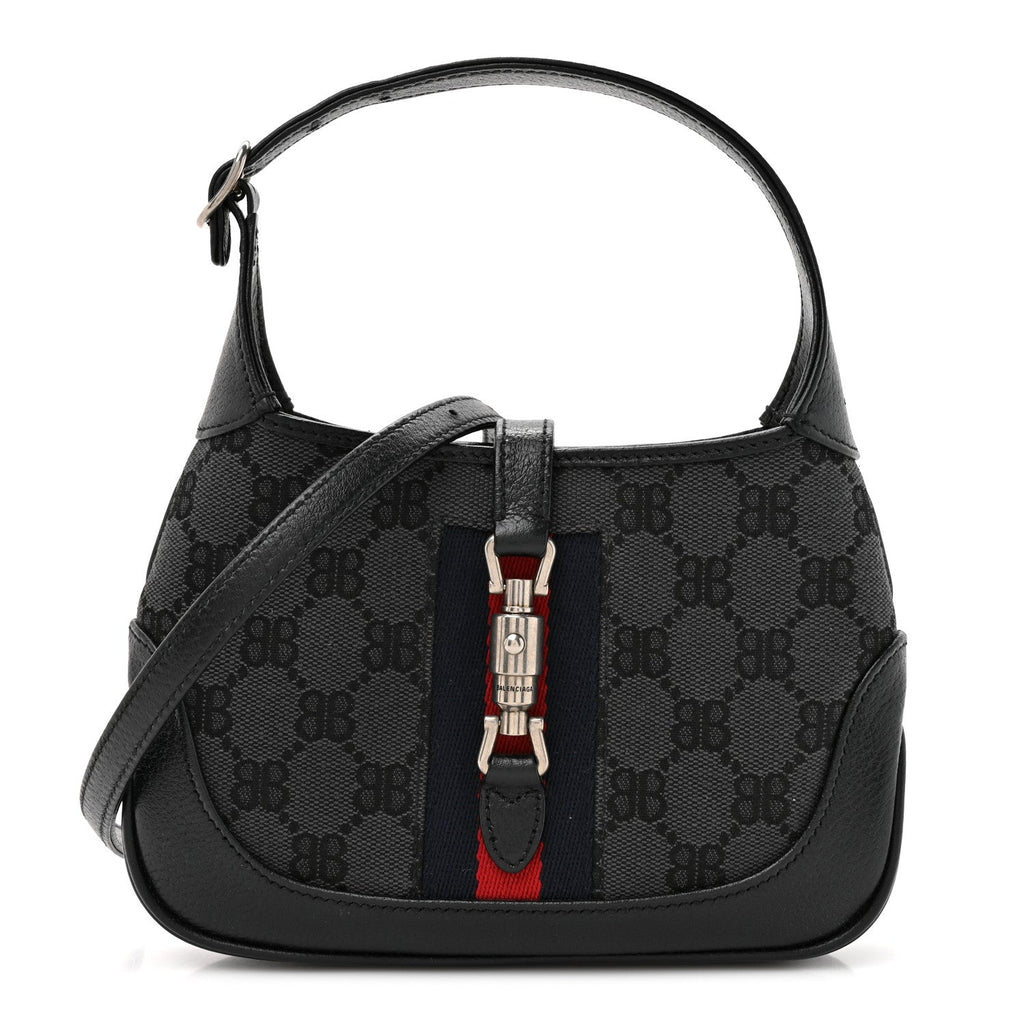 Gucci X BALENCIAGA BB Monogram Calfskin Web Mini Jackie 1961 Hobo Black