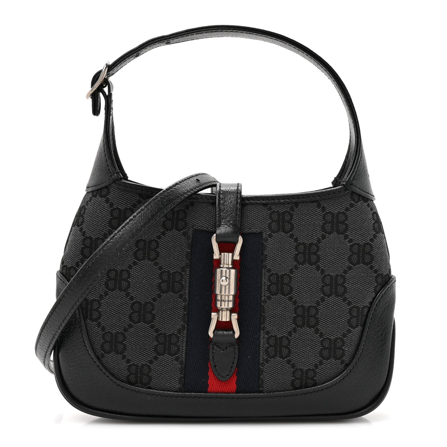 Gucci X BALENCIAGA BB Monogram Calfskin Web Mini Jackie 1961 Hobo Black