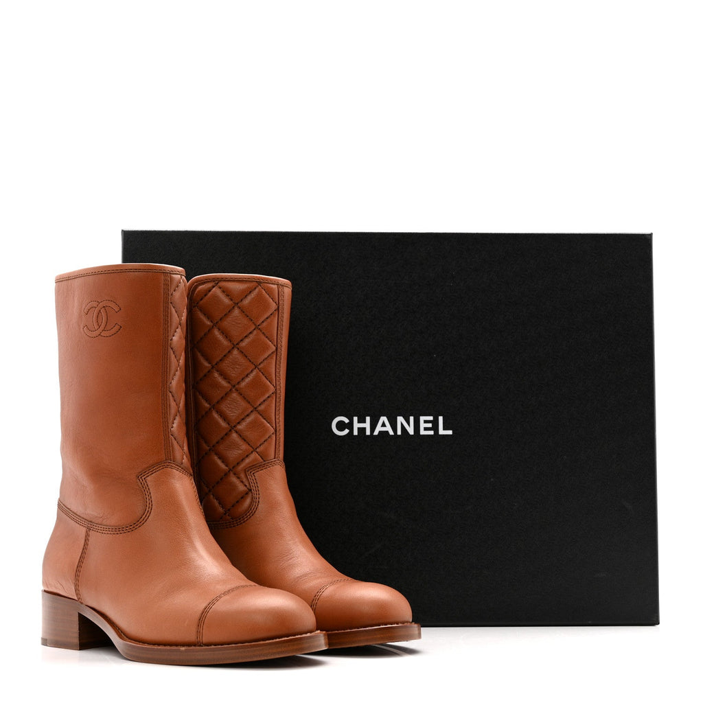 Calfskin CC Logo Mid Calf Boots 39 Brown