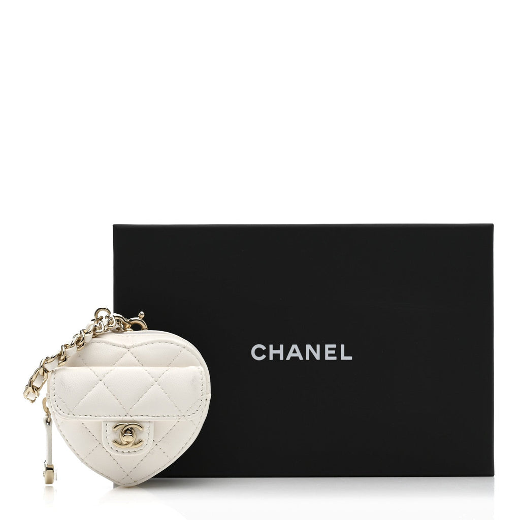 Lambskin Quilted CC Mini In Love Heart Bag Charm White