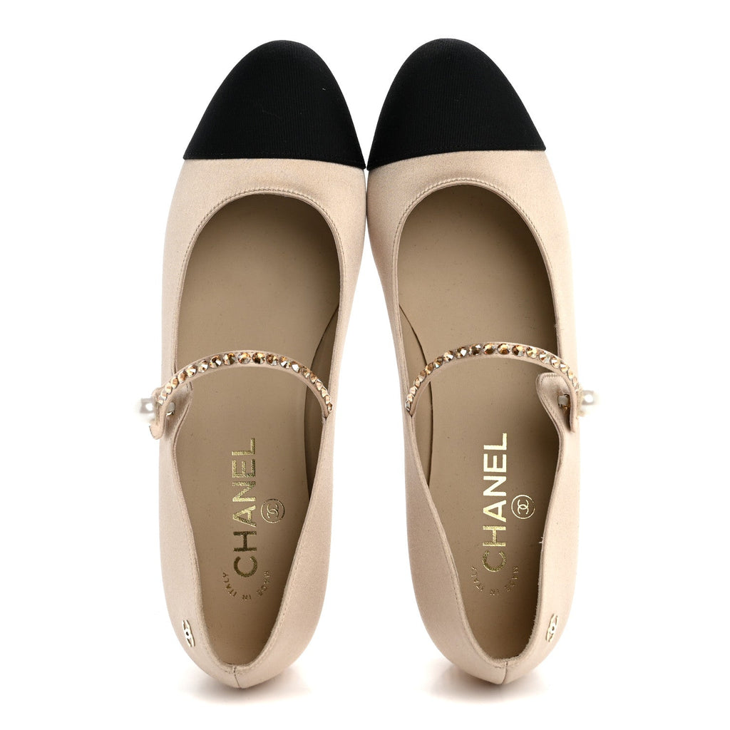 Chanel Strass Satin Grosgrain Mary Jane Flats 38.5 Beige Black