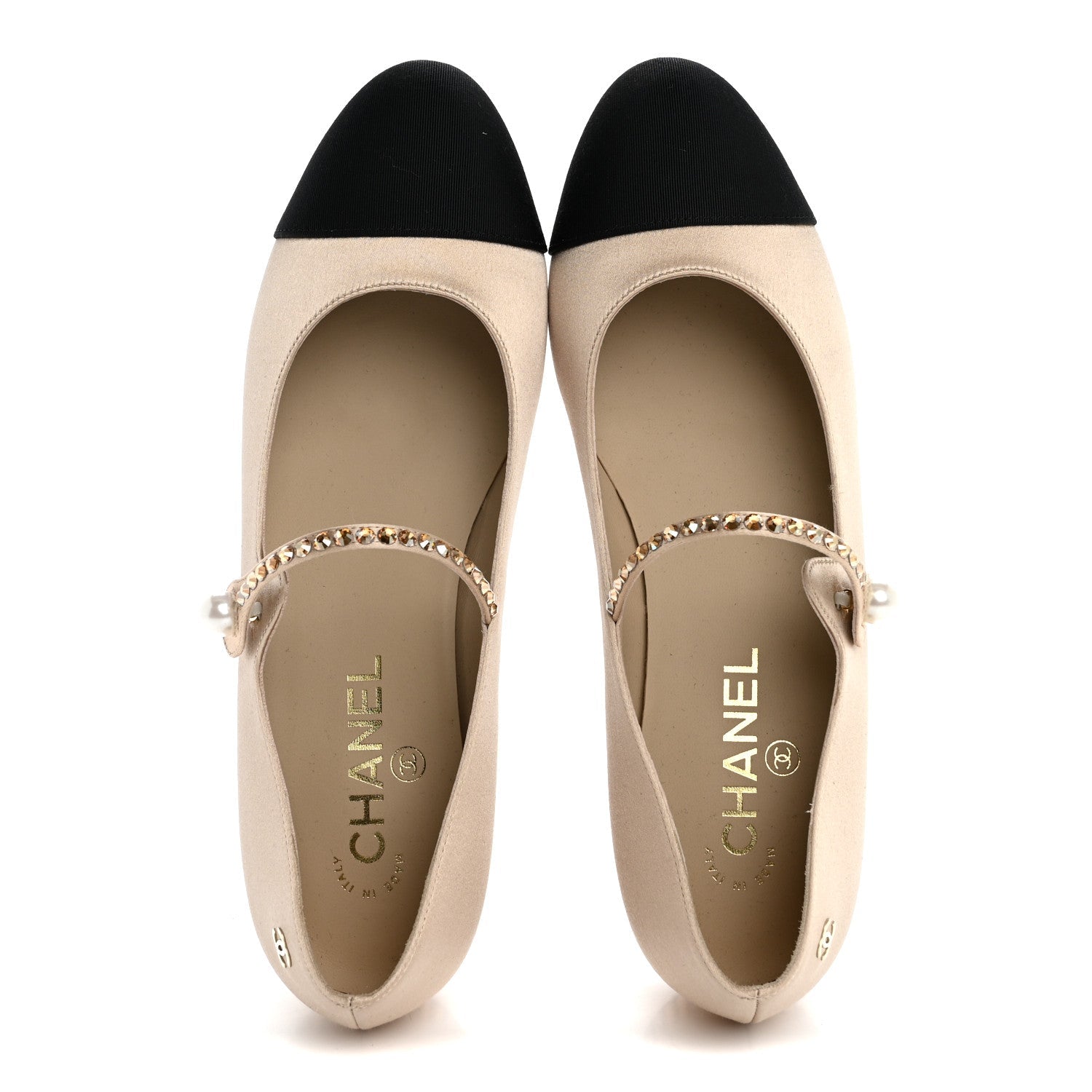Chanel Strass Satin Grosgrain Mary Jane Flats 38.5 Beige Black