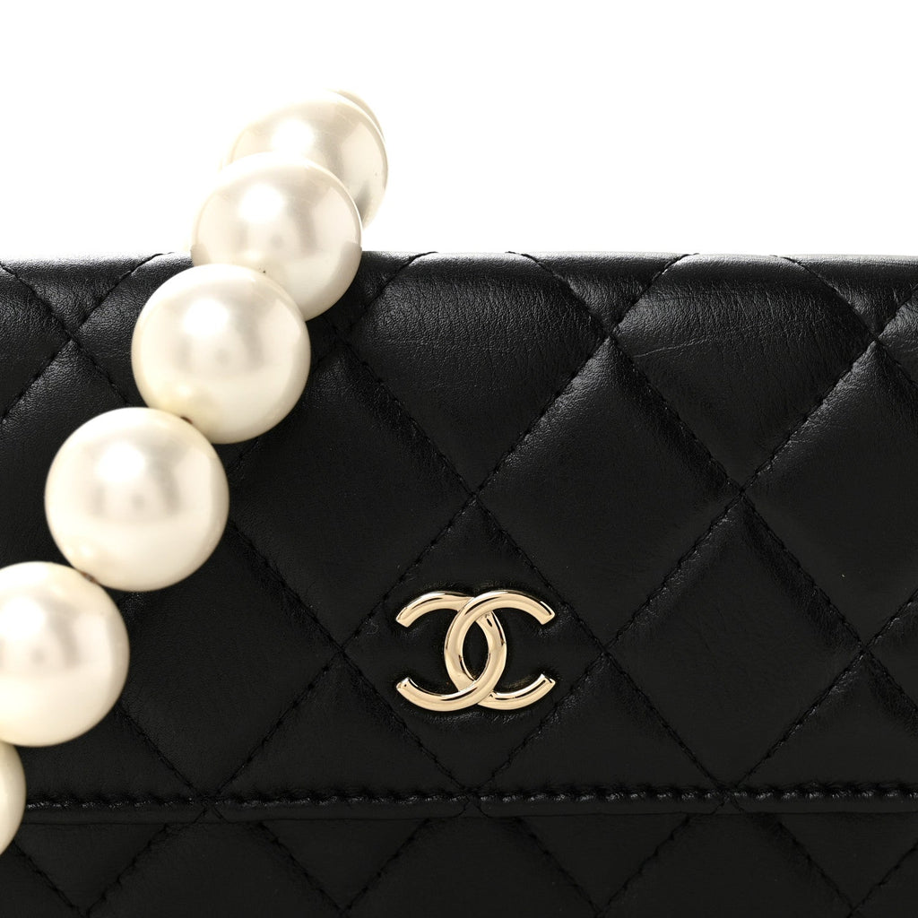 Chanel Calfskin Quilted Maxi Pearls Clutch With Chain Black
