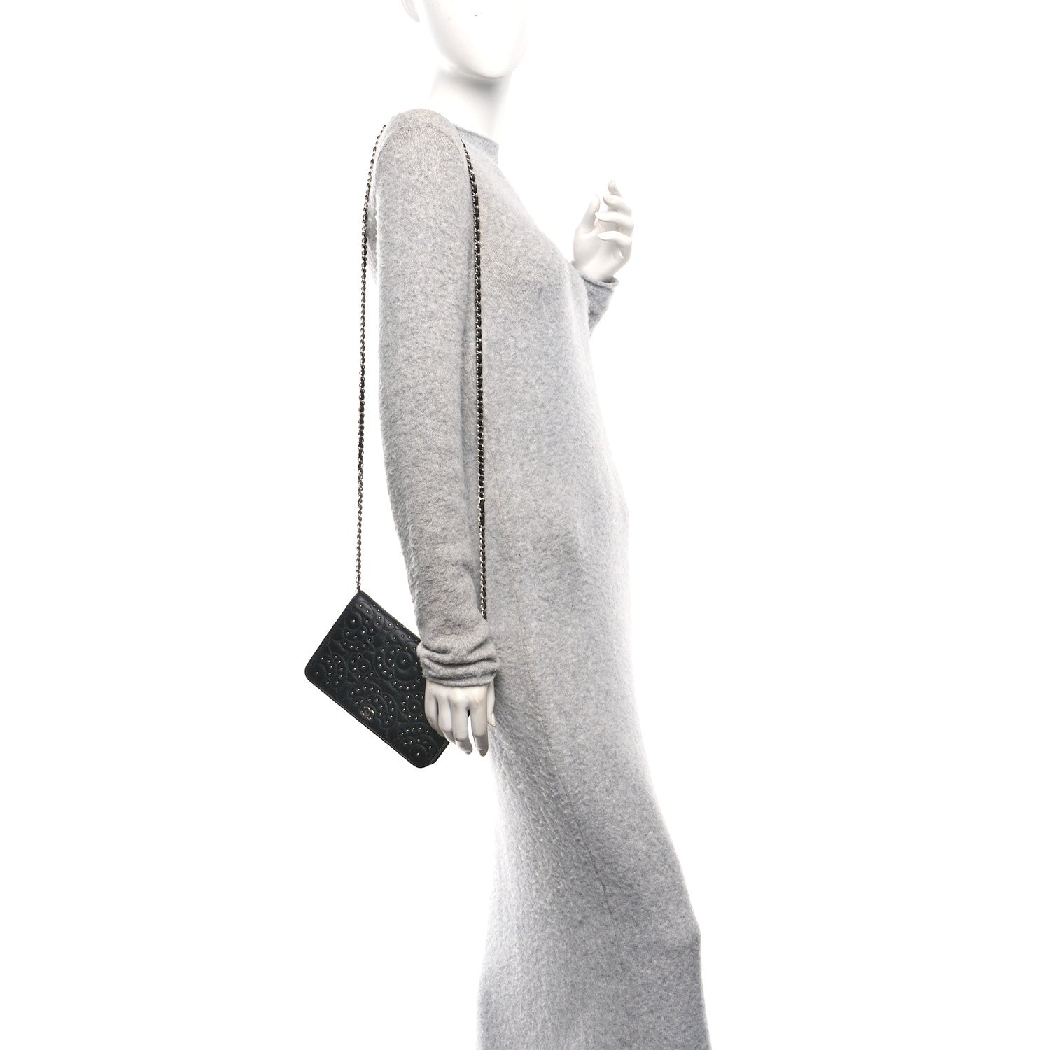 Chanel Lambskin Camellia Studded Wallet on Chain WOC Black
