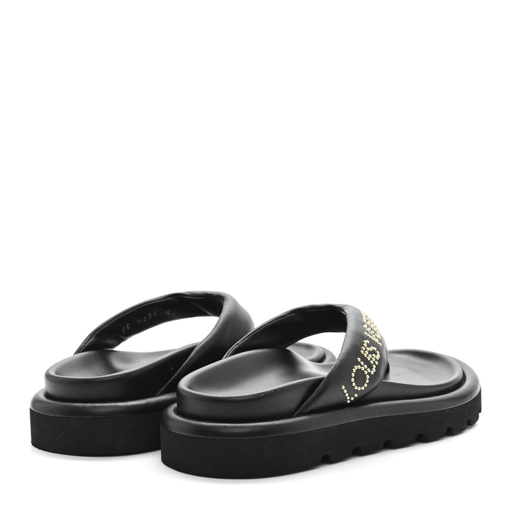Louis Vuitton Calfskin Logo Studded Pillow Flat Thong Sandals 35 Black