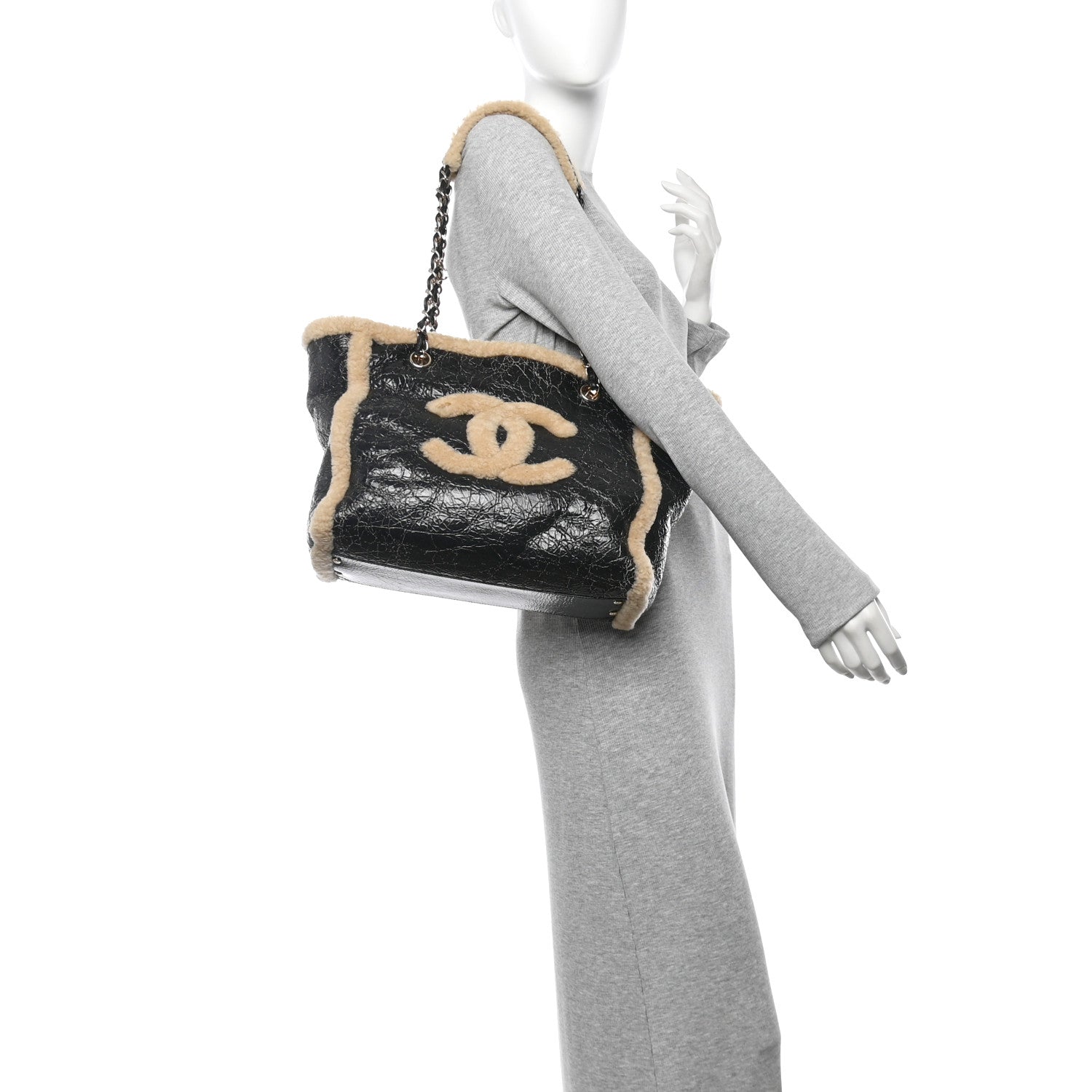 Chanel Shiny Crumpled Sheepskin Shearling CC Mania Tote Bag Black Beige
