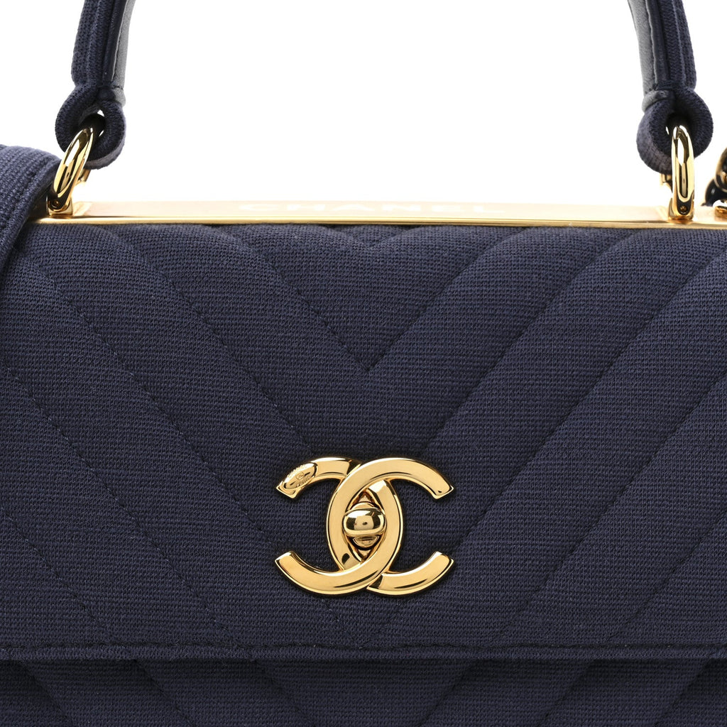 Chanel Jersey Chevron Quilted Small Trendy CC Dual Handle Flap Bag Navy Blue