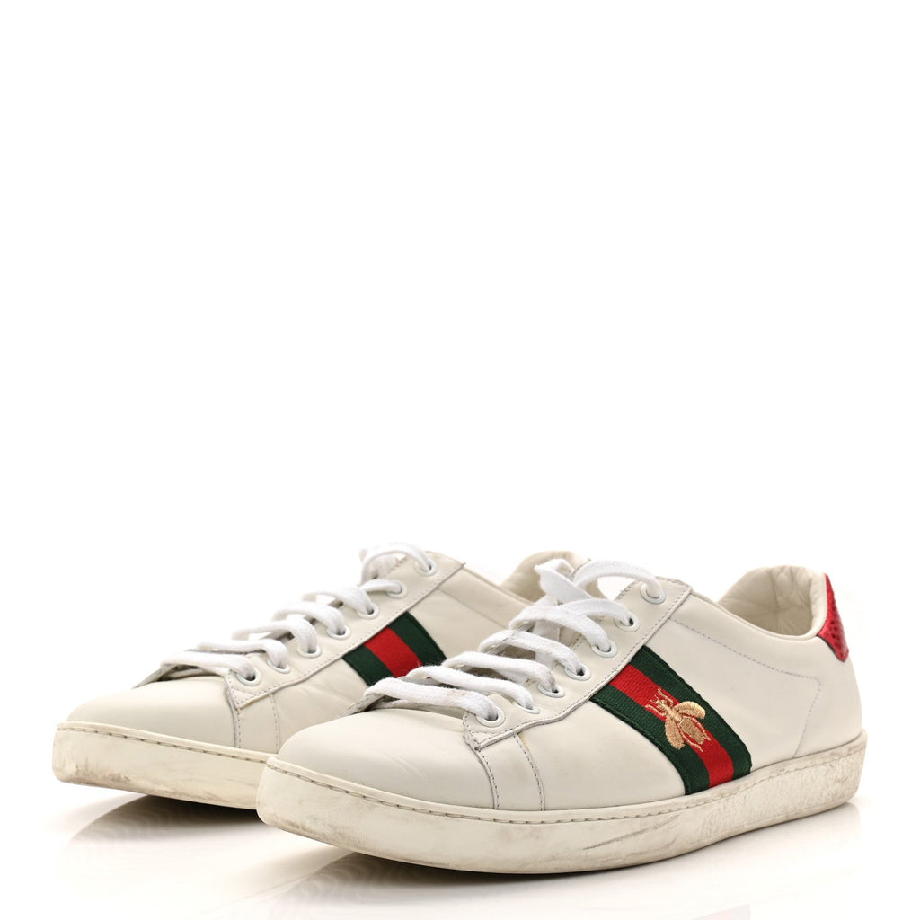 Gucci Calfskin Ayers Bee Embroidered Womens Ace Sneakers 39.5 White Green