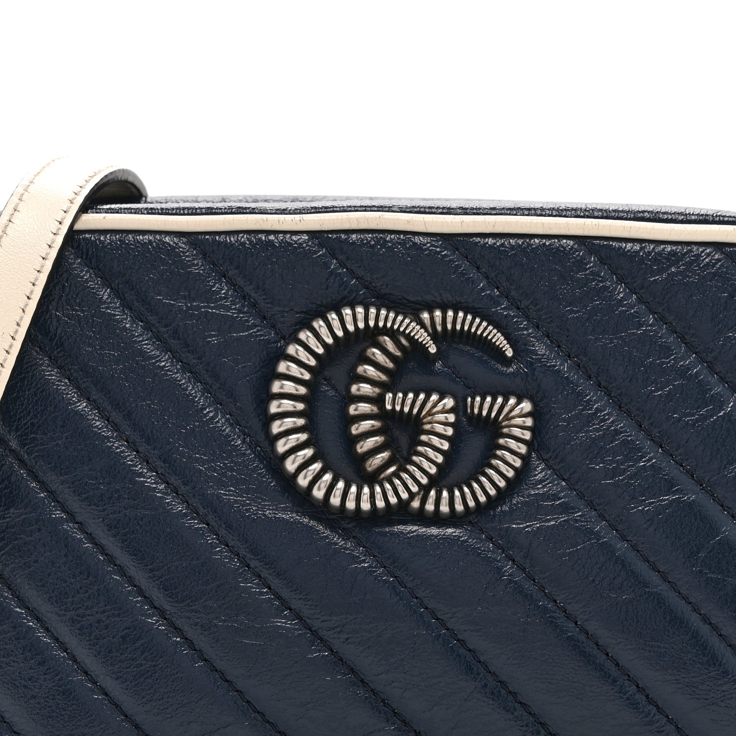 Gucci Vintage Effect Calfskin Matelasse Diagonal Small Torchon GG Marmont Chain Shoulder Bag Blue Agata Mystic White