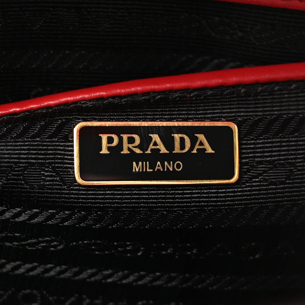 Prada Saffiano Soft Calfskin Metal Triangle Logo Envelope Chain Shoulder Bag Fuoco