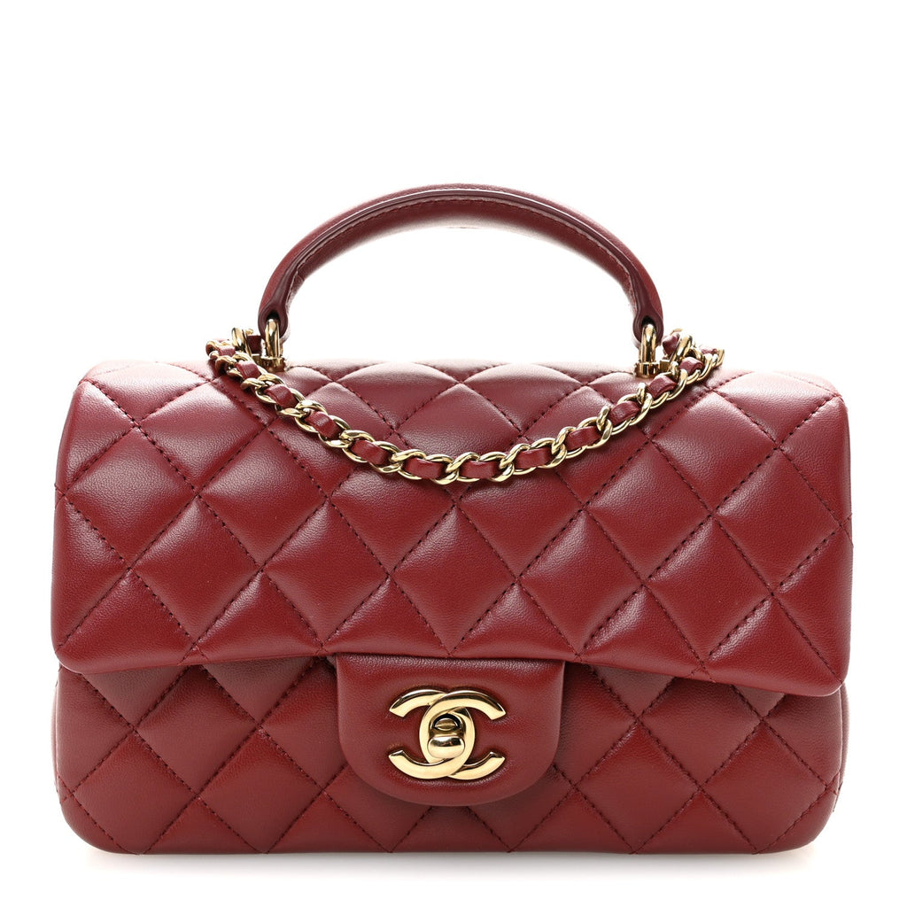 Chanel Lambskin Quilted Mini Top Handle Rectangular Flap Burgundy