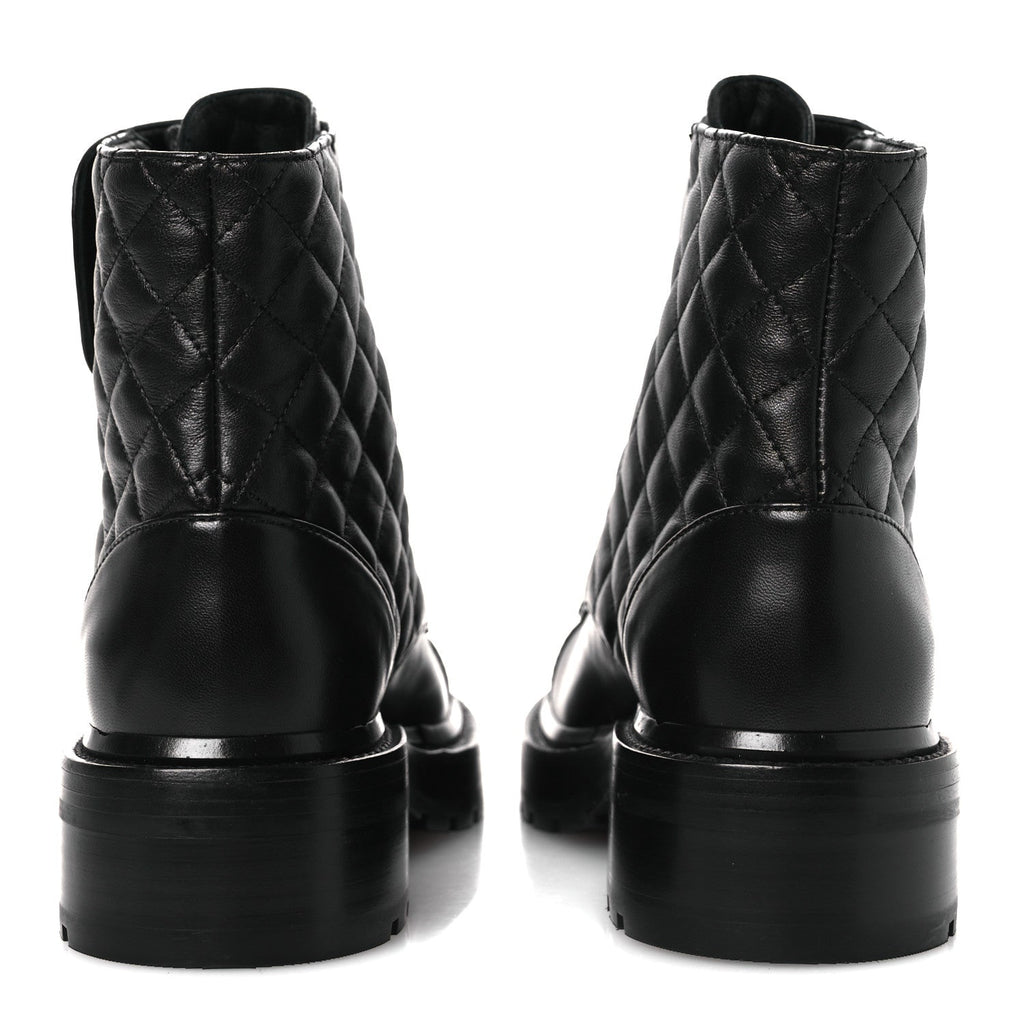 Chanel Shiny Lambskin Quilted Lace Up Combat Boots 37 Black