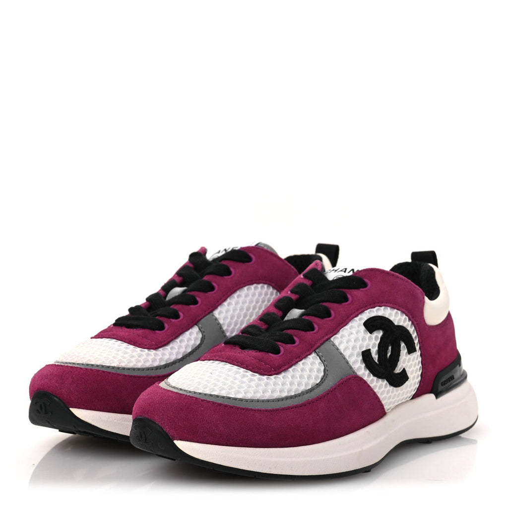 Mesh Suede Calfskin Womens CC Sneakers 36 White Dark Pink Grey