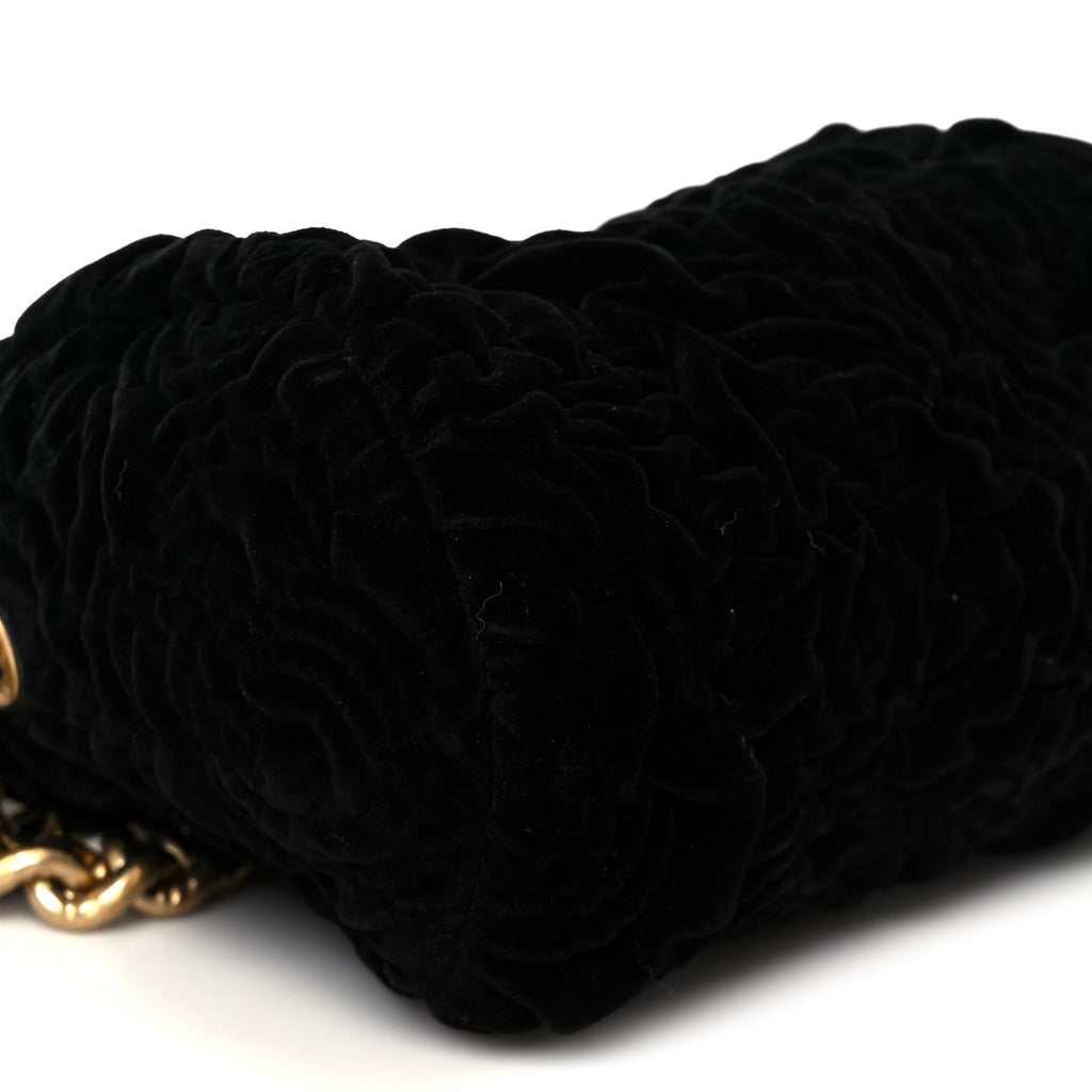 Chanel Velvet Camellia Embossed Barrel Clutch With Chain  Black