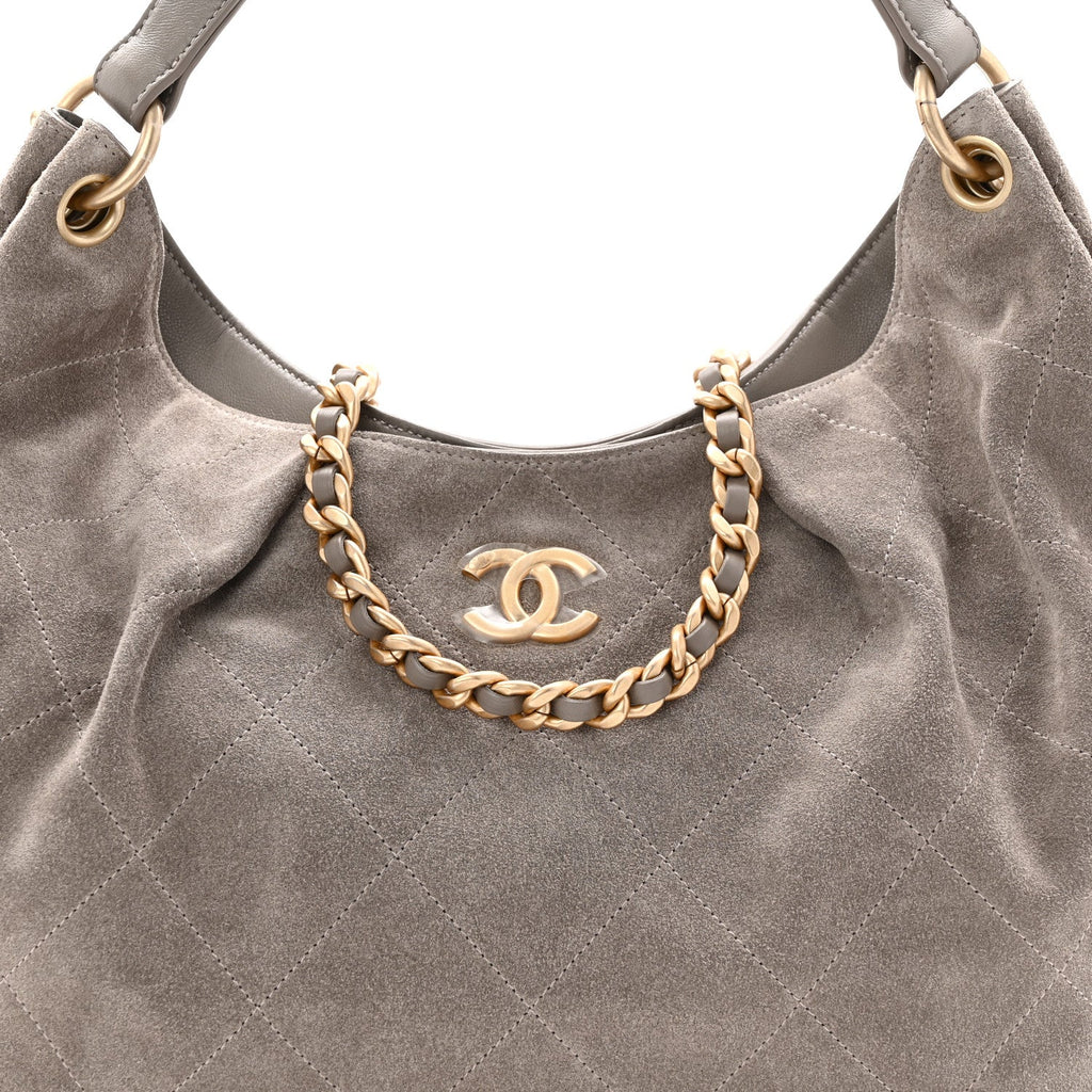 Chanel Suede Quilted Large Hobo Dark Grey
