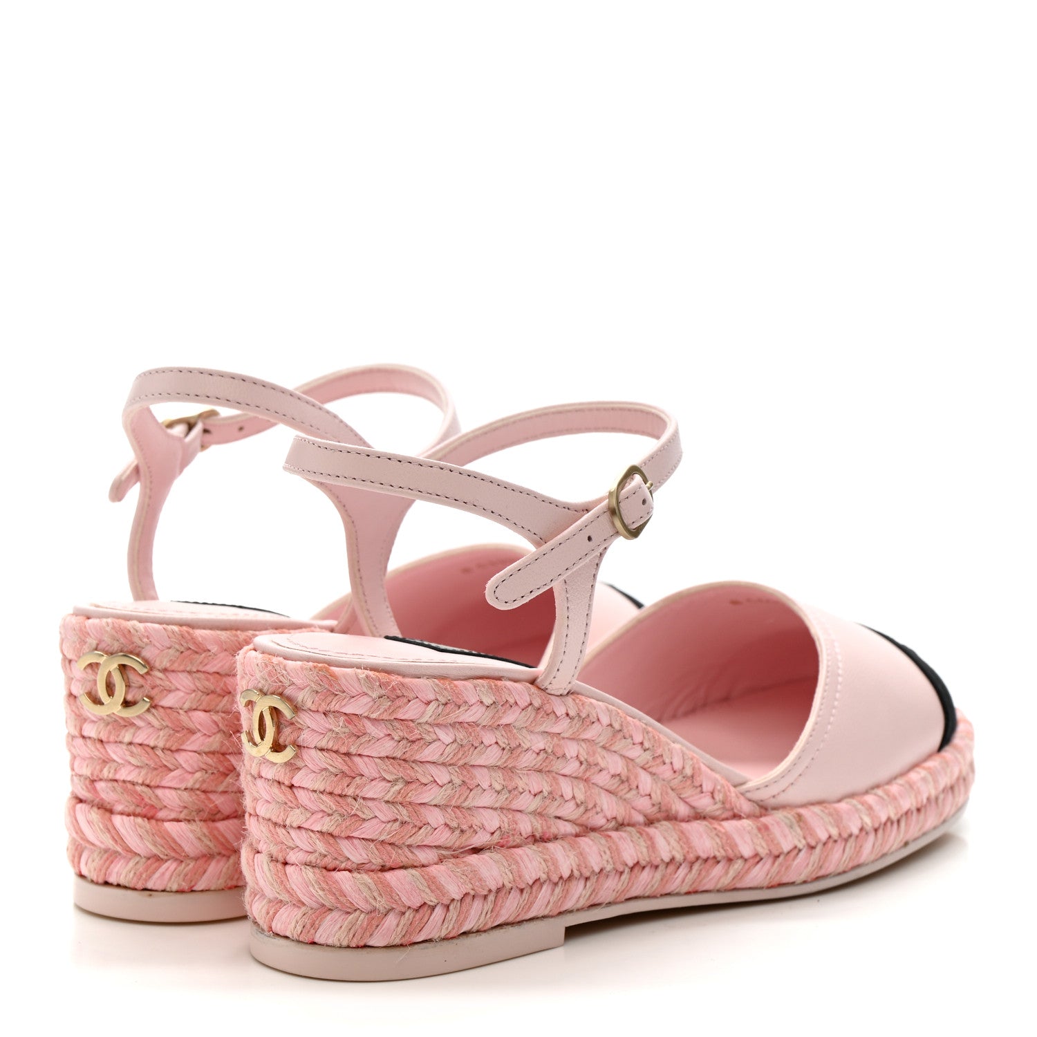Lambskin Grosgrain CC Espadrilles Wedges 35 Pink Black