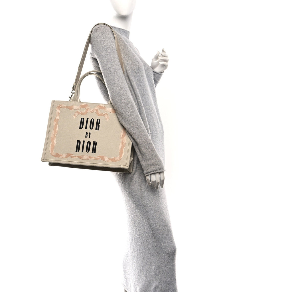 Christian Dior Canvas Embroidered Medium Book Tote With Strap Beige Pink Black