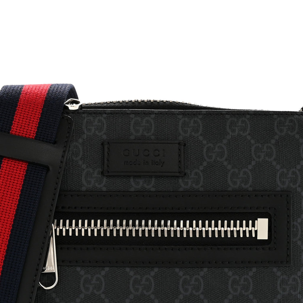 Gucci GG Supreme Monogram Web Small Flat Messenger Bag Black Grey