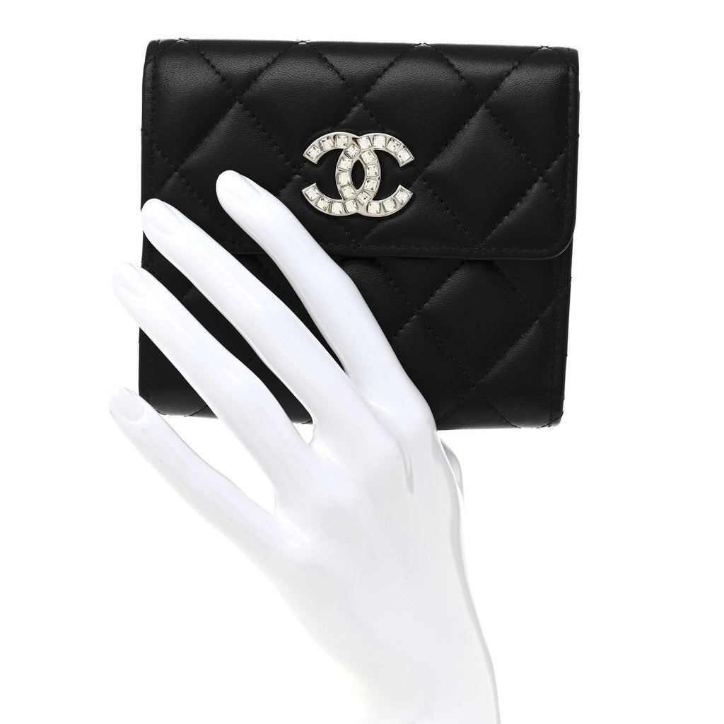 Lambskin Quilted Baguette Crystal Small Compact Wallet Black