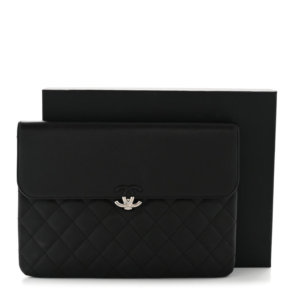 Grained Calfskin Quilted CC Box Pouch Black