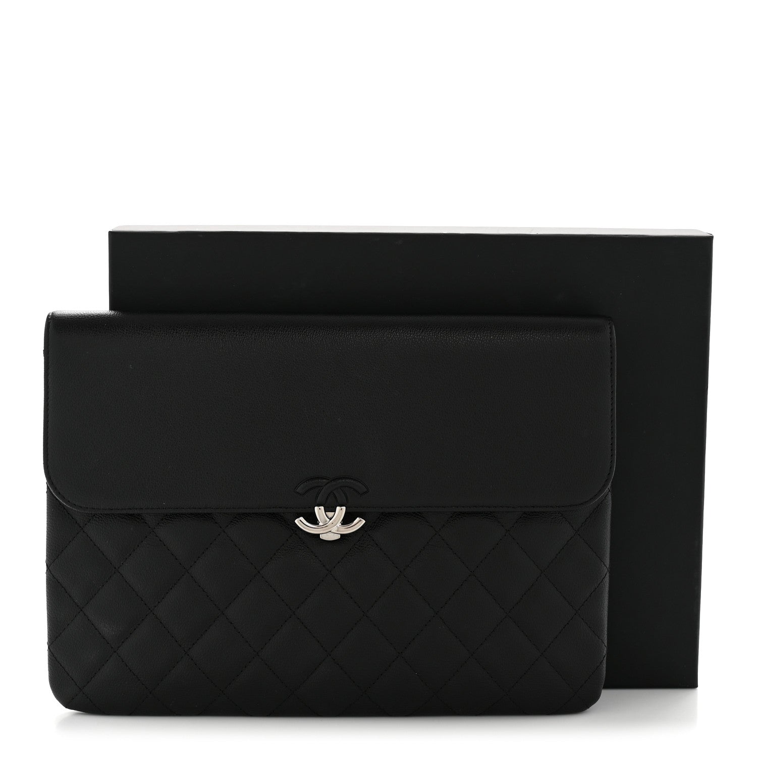 Grained Calfskin Quilted CC Box Pouch Black
