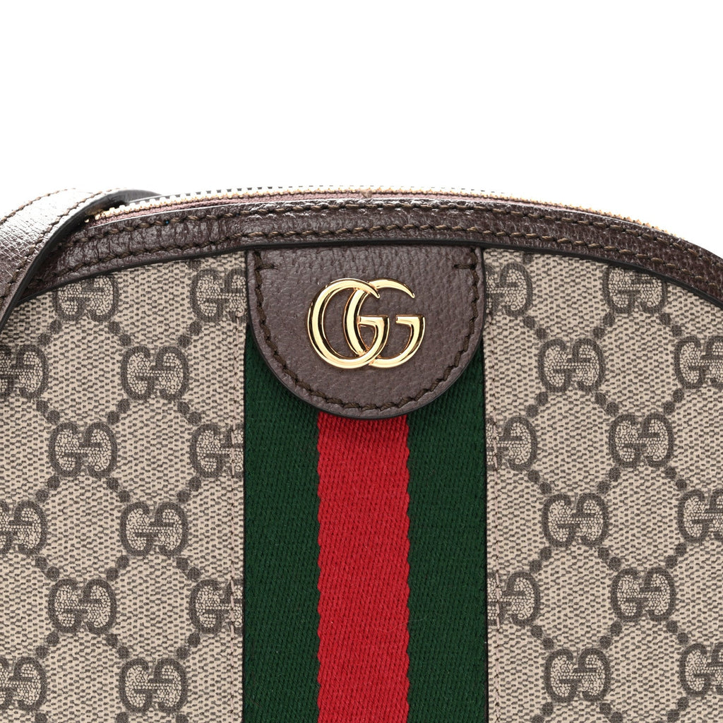 Gucci GG Supreme Monogram Textured Dollar Calfskin Web Small Ophidia Dome Shoulder Bag Beige Ebony New Acero