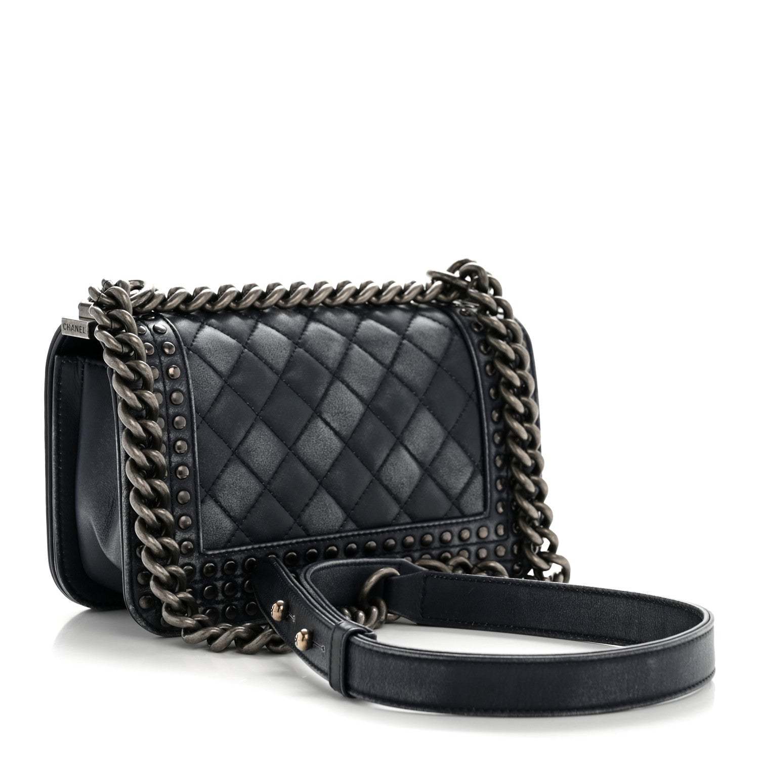 Chanel Faded Calfskin Quilted Small Studded Boy Flap Navy