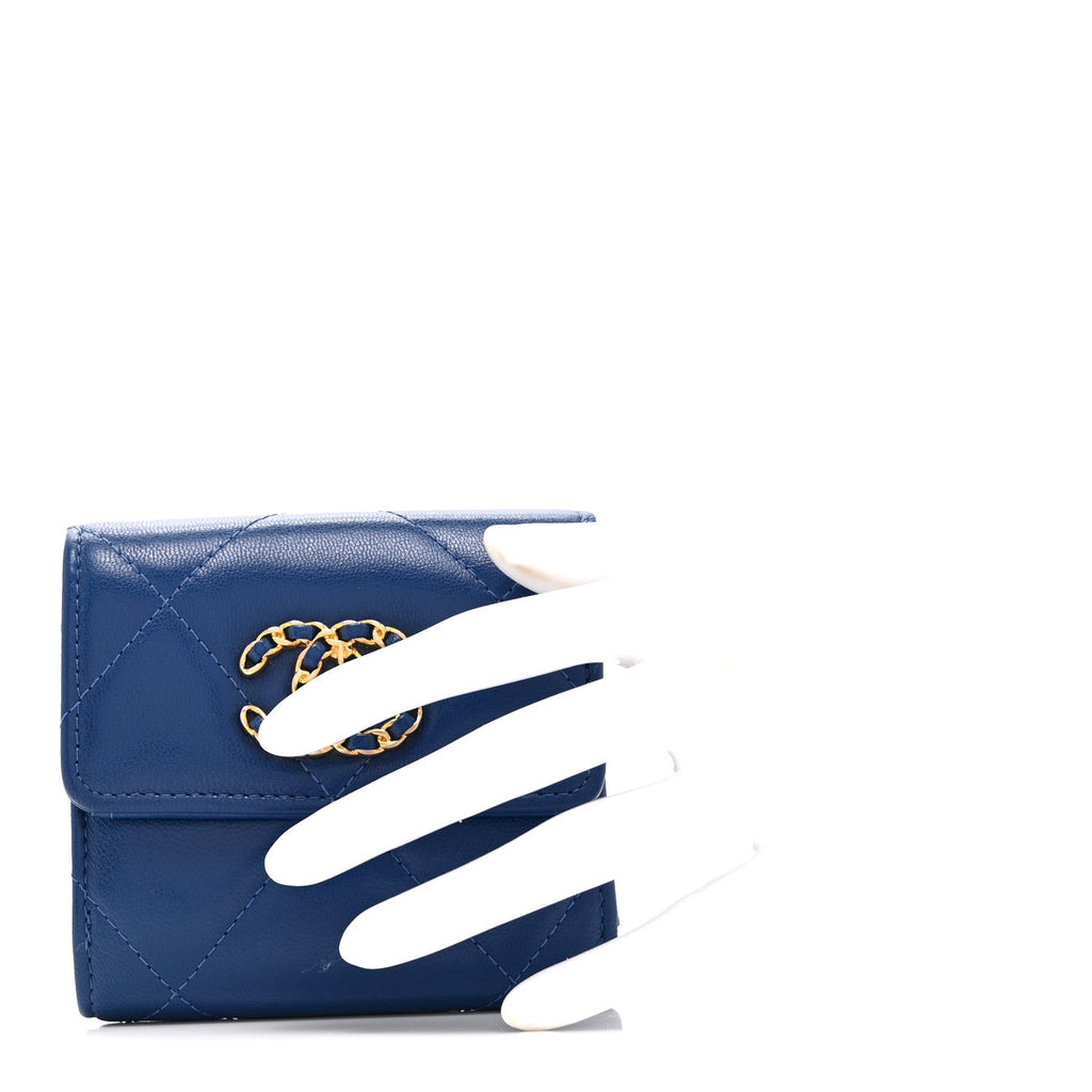 Goatskin Quilted Chanel 19 Small Flap Wallet  Blue