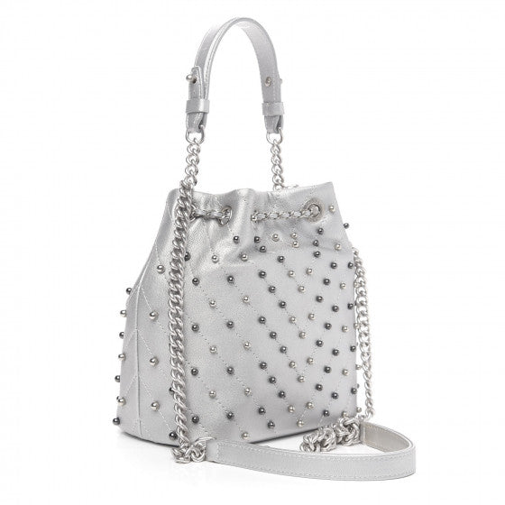 Chanel Metallic Lambskin Studded Chevron Quilted Small Stud Wars Drawstring Bag- Silver