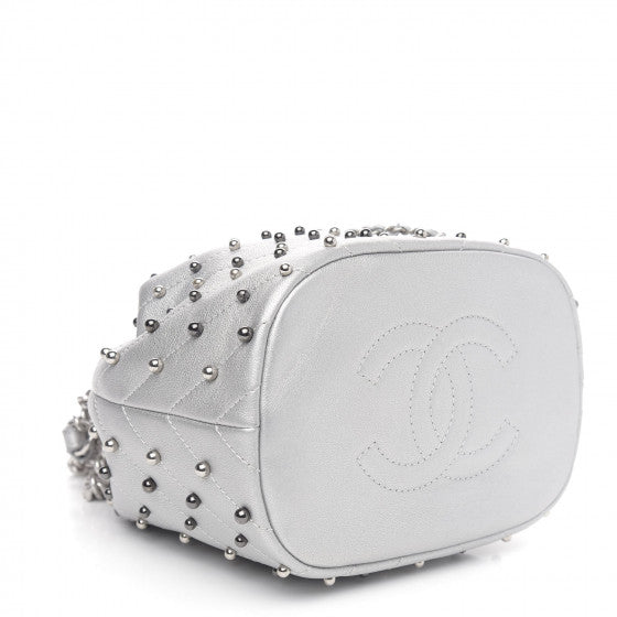 Chanel Metallic Lambskin Studded Chevron Quilted Small Stud Wars Drawstring Bag- Silver