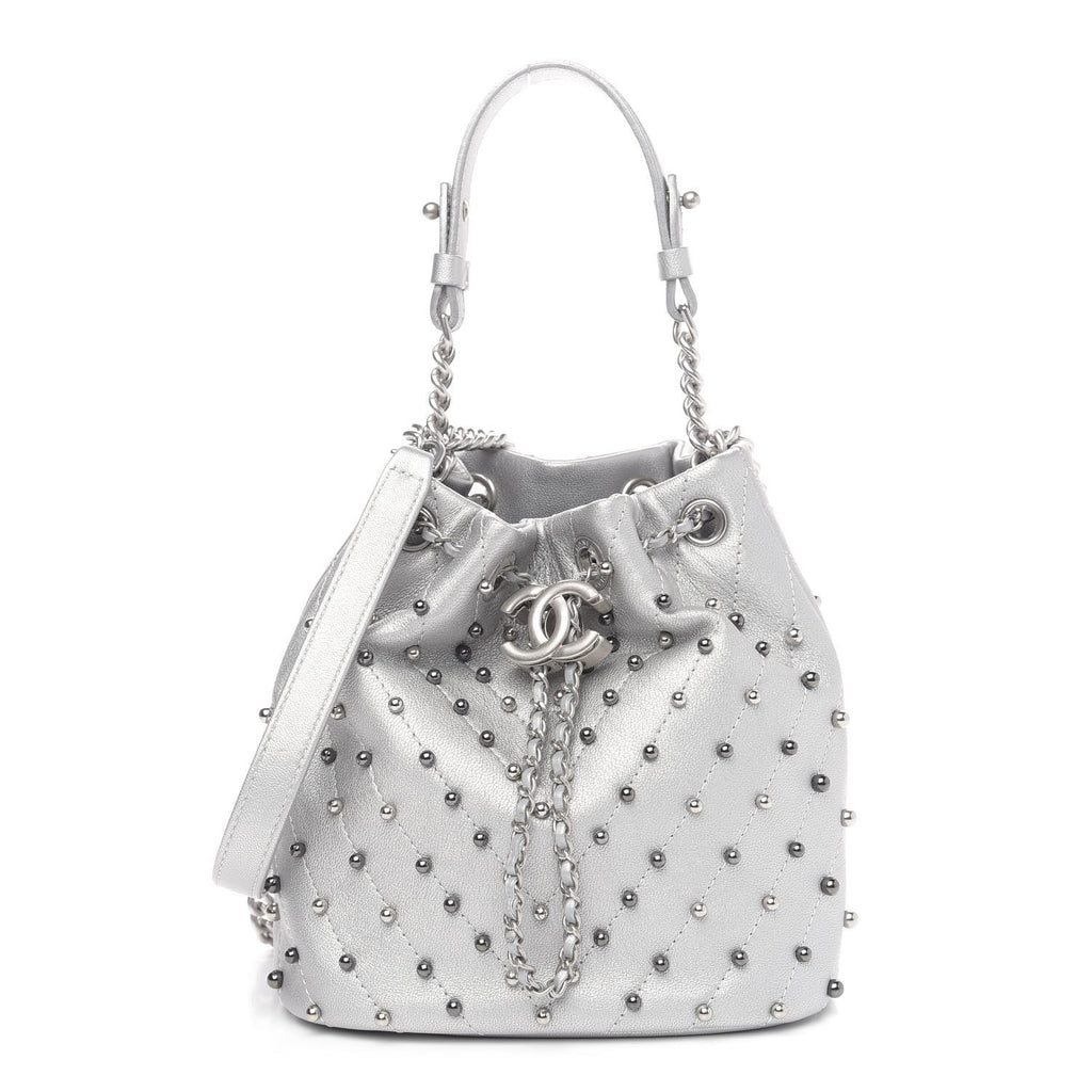 Chanel Metallic Lambskin Studded Chevron Quilted Small Stud Wars Drawstring Bag- Silver
