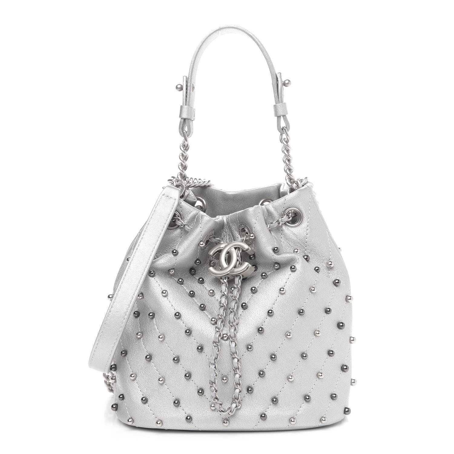 Chanel Metallic Lambskin Studded Chevron Quilted Small Stud Wars Drawstring Bag- Silver