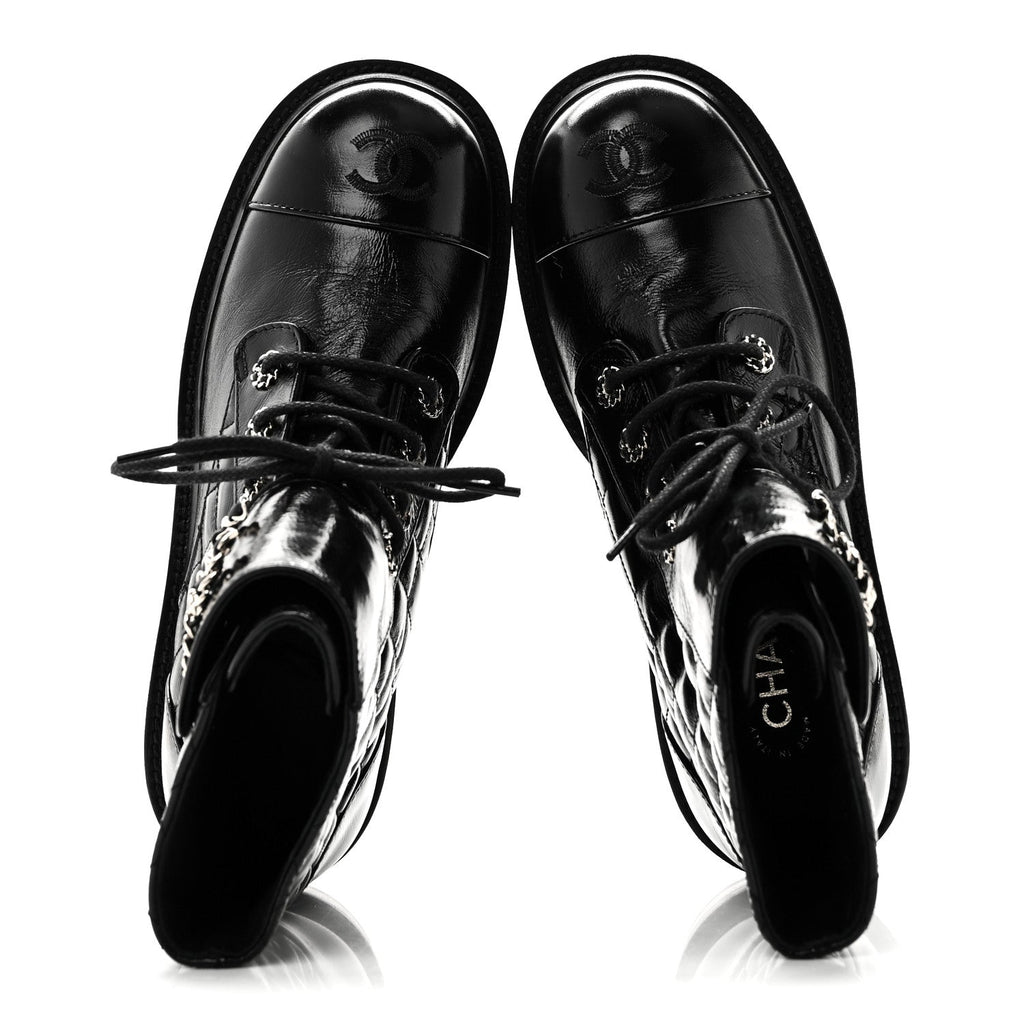 Chanel Shiny Lambskin Quilted Lace Up Combat Boots 38.5 Black