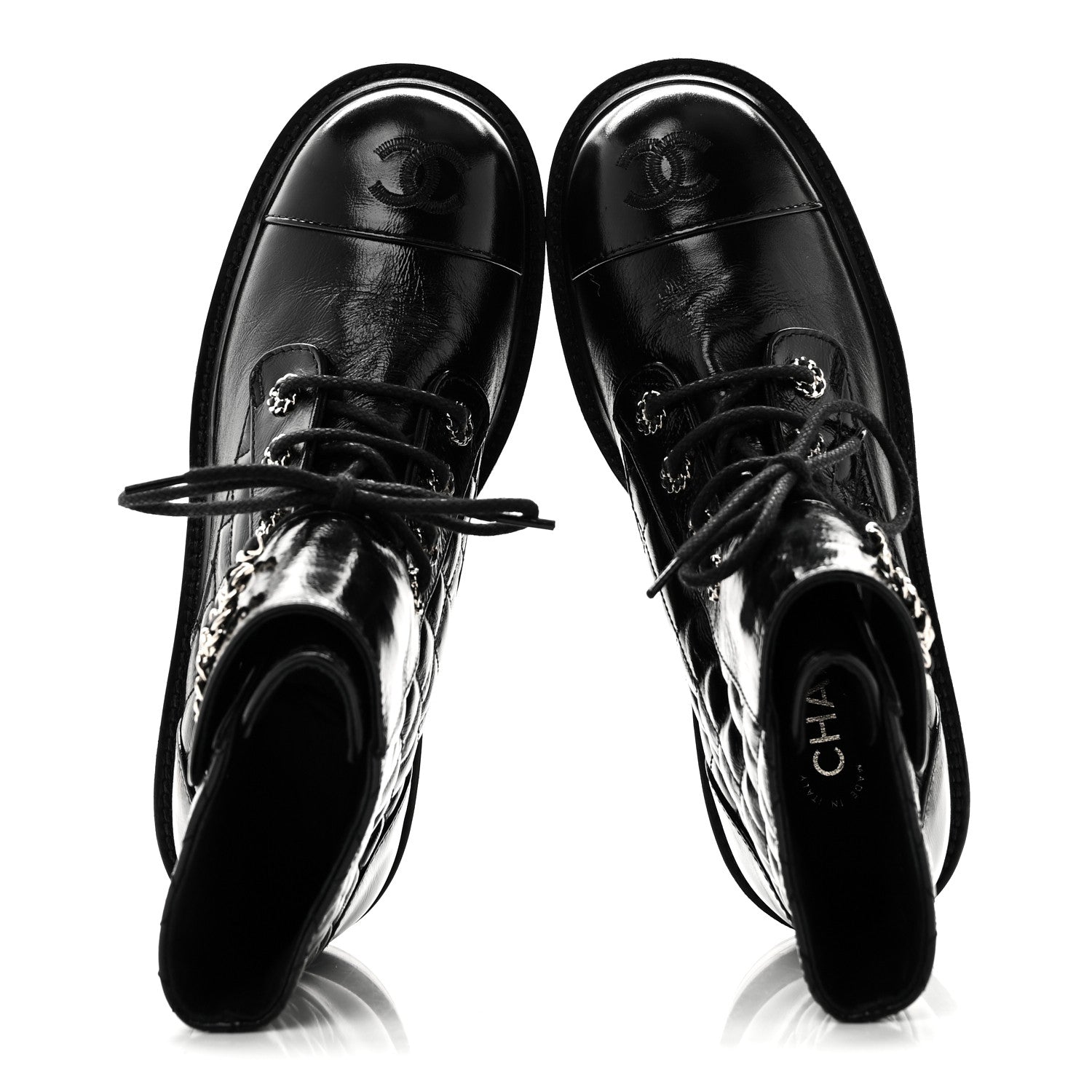 Chanel Shiny Lambskin Quilted Lace Up Combat Boots 38.5 Black