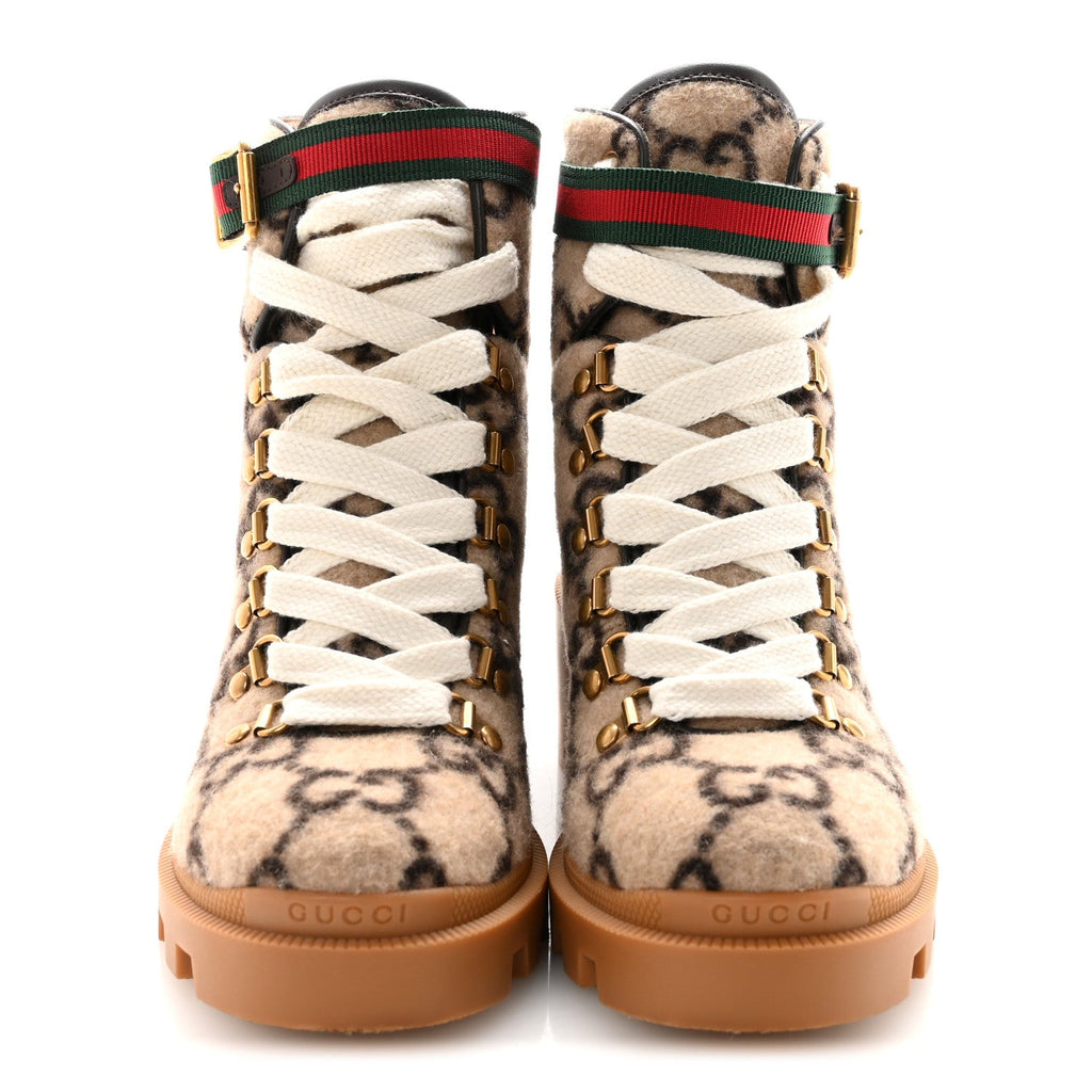 Gucci Covered Wool Big GG Monogram Womens Lace Up Combat Ankle Boots 36 Beige Ebony Cocoa