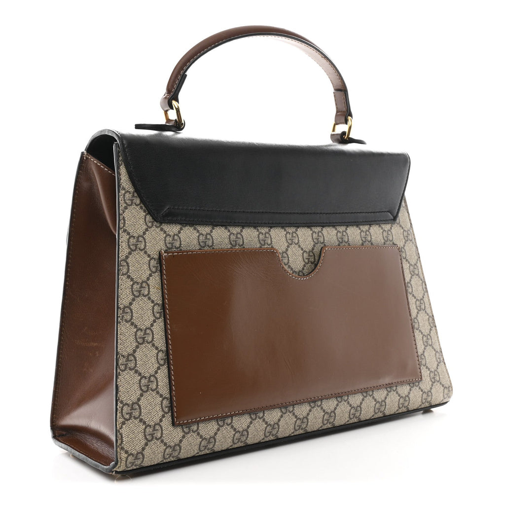 Gucci GG Supreme Monogram Calfskin Medium Padlock Top Handle Bag Beige Black Cuir