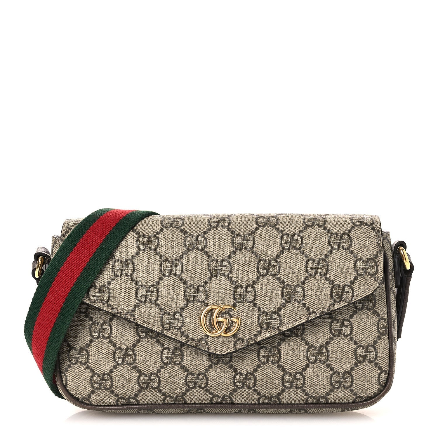 Gucci GG Supreme Monogram Textured Dollar Calfskin Web Mini Ophidia Envelope Shoulder Bag Beige Ebony