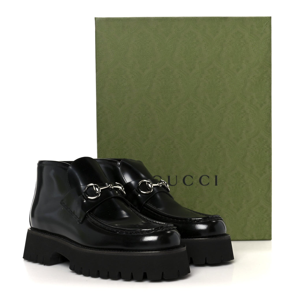 Gucci Cordovan Lux Womens Horsebit Platform Ankle Boots 38 Black