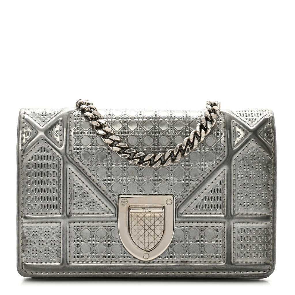 Christian Dior Metallic Patent Micro-Cannage Baby Diorama Flap Bag Silver