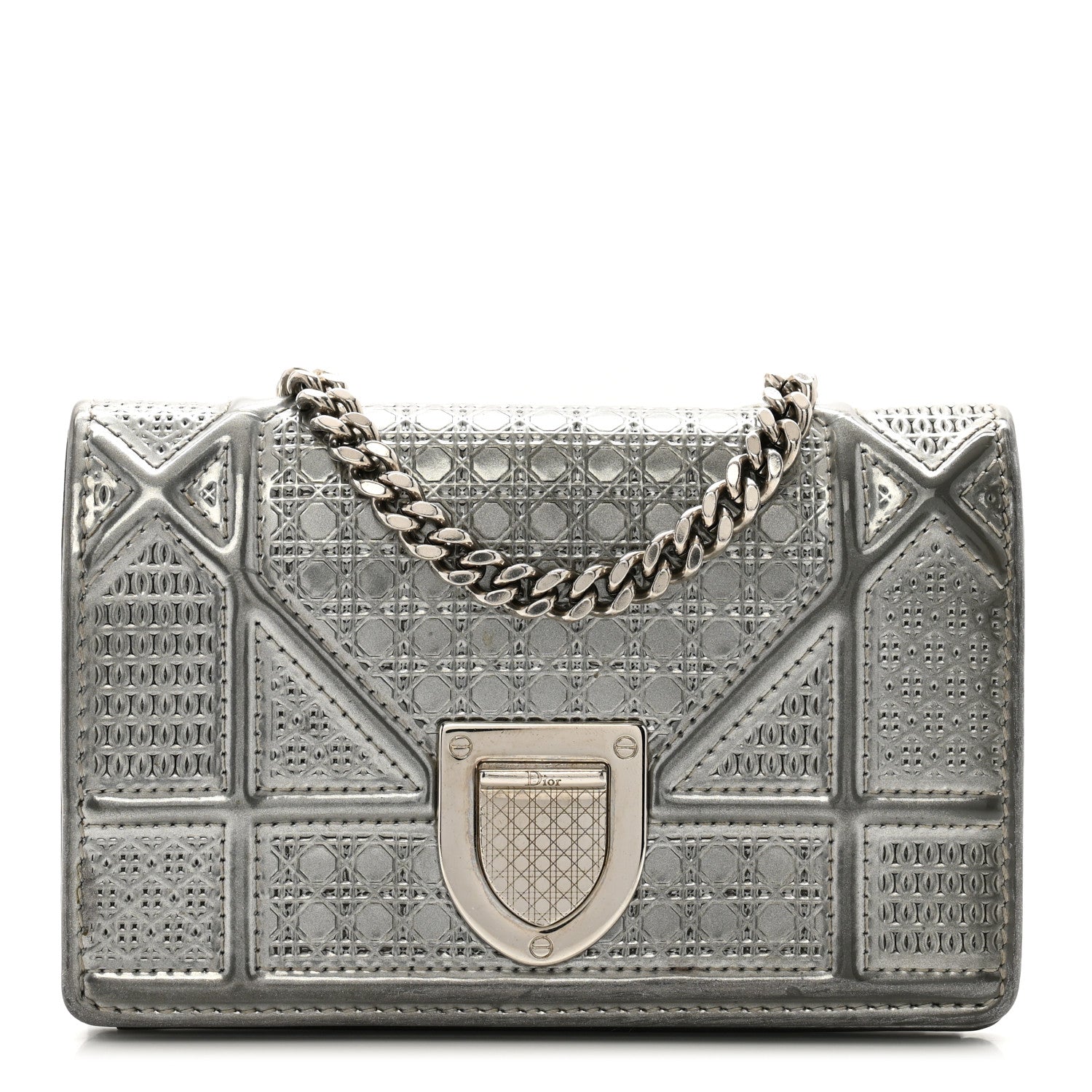Christian Dior Metallic Patent Micro-Cannage Baby Diorama Flap Bag Silver
